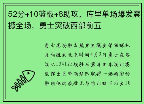 52分+10篮板+8助攻，库里单场爆发震撼全场，勇士突破西部前五
